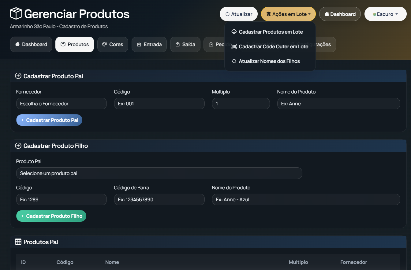 Tela detalhada de produtos do estoque do Armarinho Sao Paulo