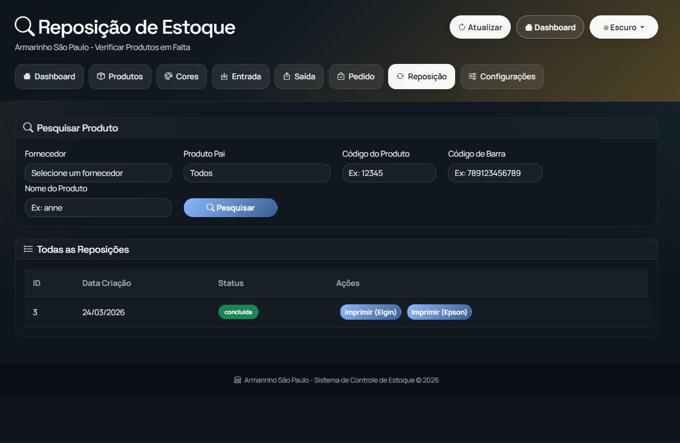 Tela de reposicao de estoque do Armarinho Sao Paulo