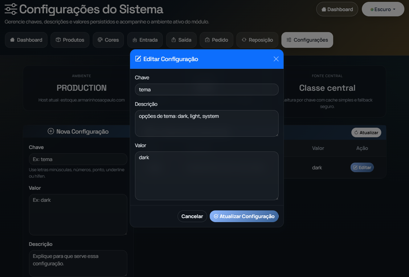 Modal de edicao de configuracao do sistema de estoque do Armarinho Sao Paulo