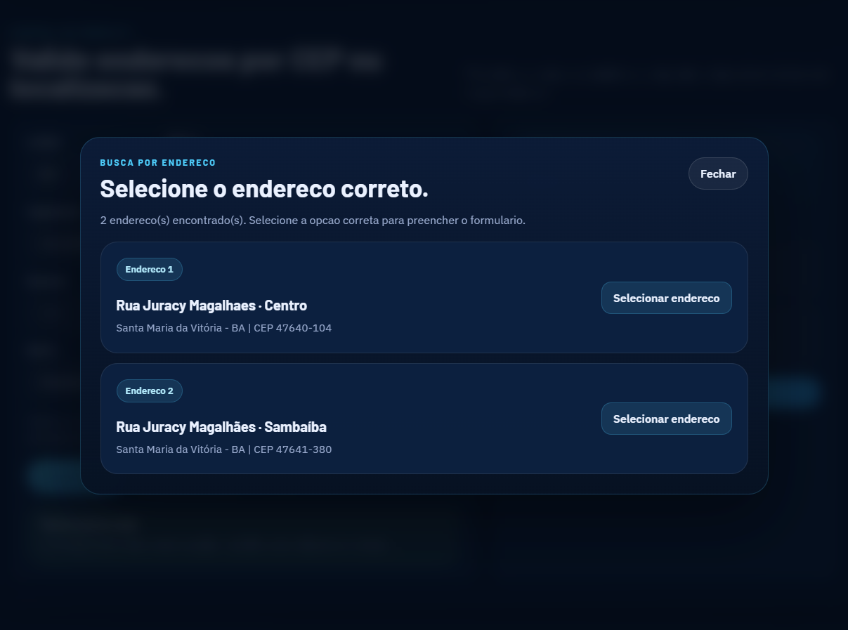 Tela de selecao de endereco do projeto Atlas Postal
