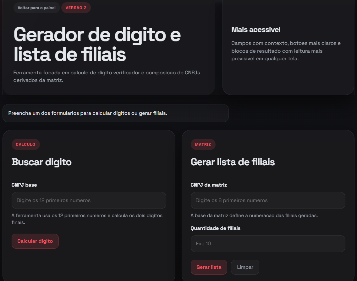 Tela geral do projeto CNPJ Matriz e Filiais