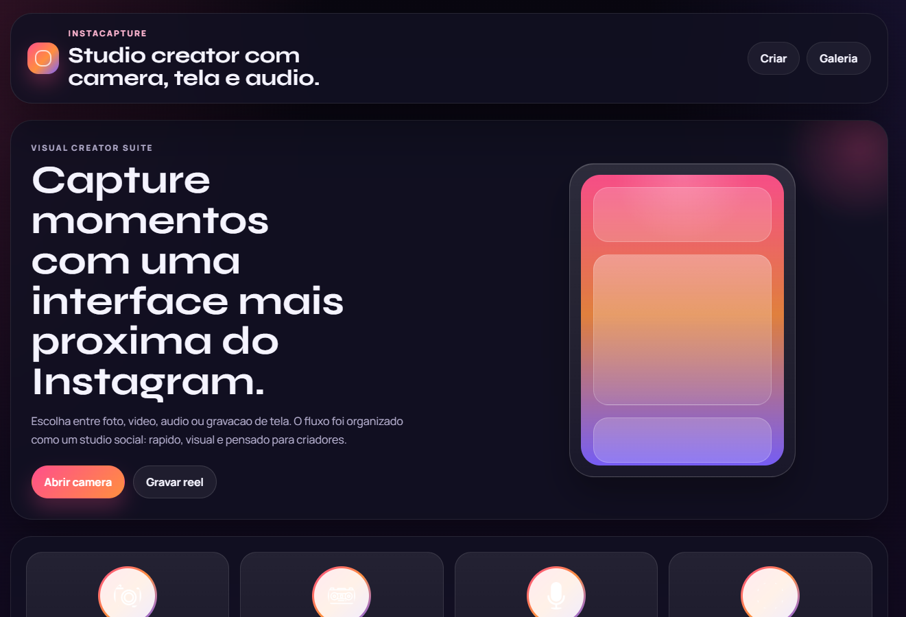 Tela institucional do projeto InstaCapture Studio